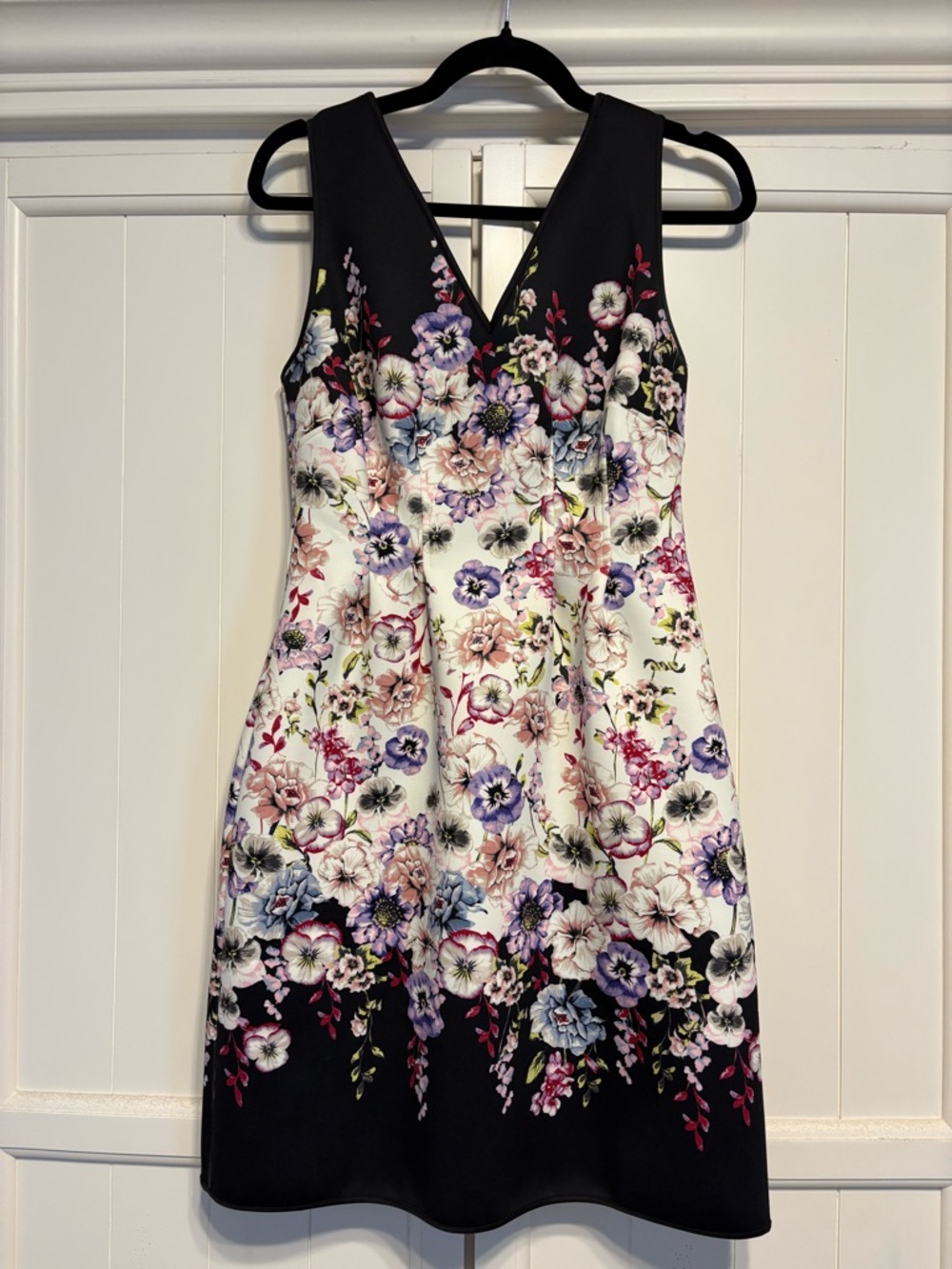 White House Black Market Black and Multi Floral V-Neck Midi Dress